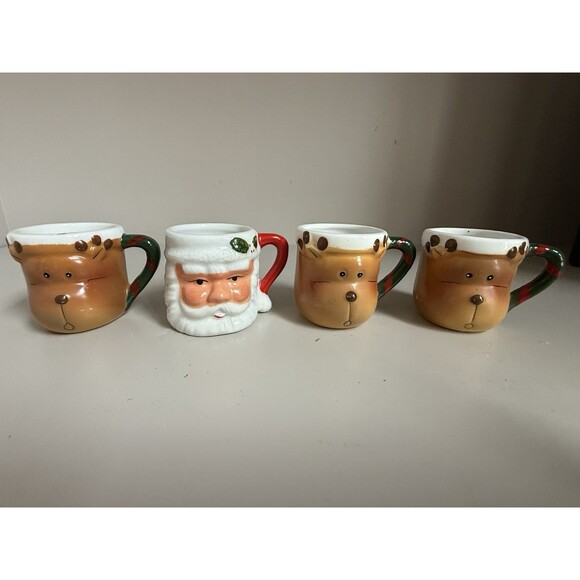 Mini Santa Face And Reindeer Christmas Mugs Vintage - Picture 1 of 6